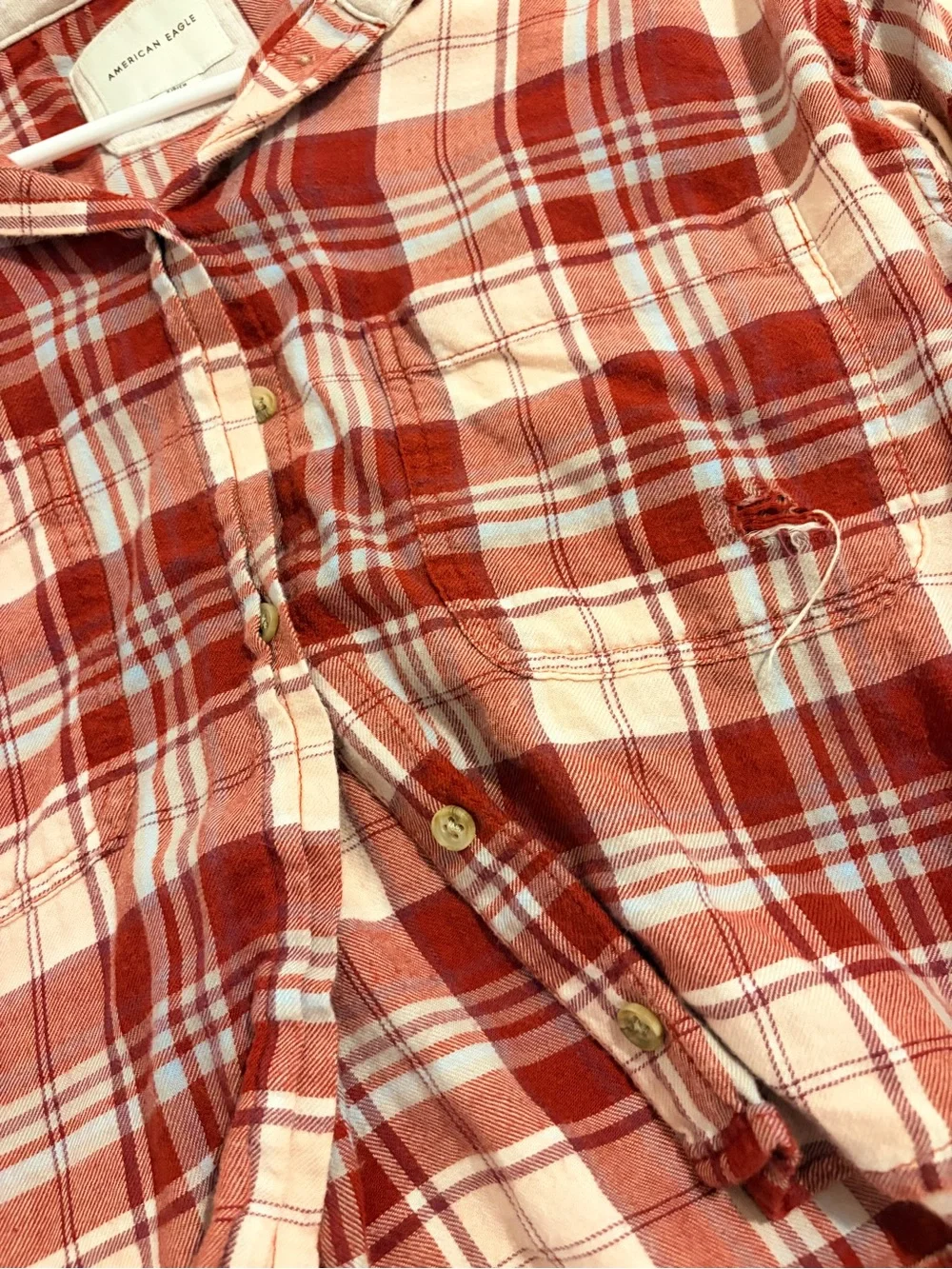 American Eagle Red Plaid Hooded Flannel Shirt